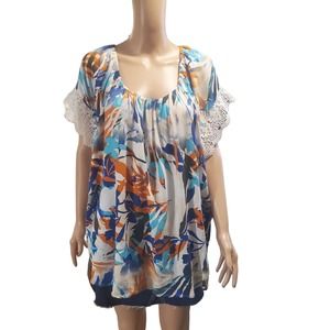 NEW 89th & Madison Lace Sleeve Blue Orange Floral Tie Back Elastic Neck Top